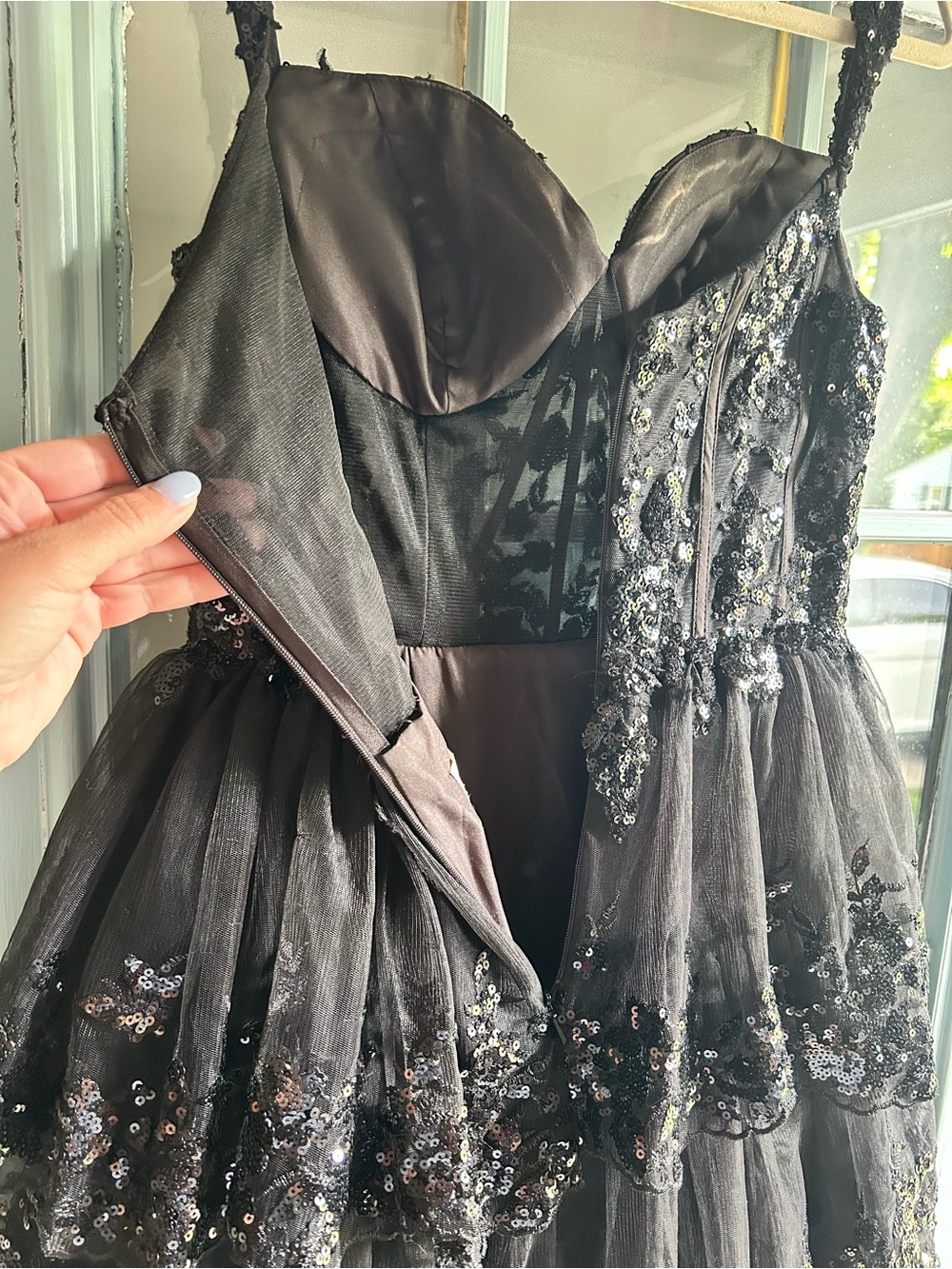 Tiered Ruffle Corset Sequin Tulle Prom High Slit Long Formal Dress Ball Gown - Picture 8 of 12